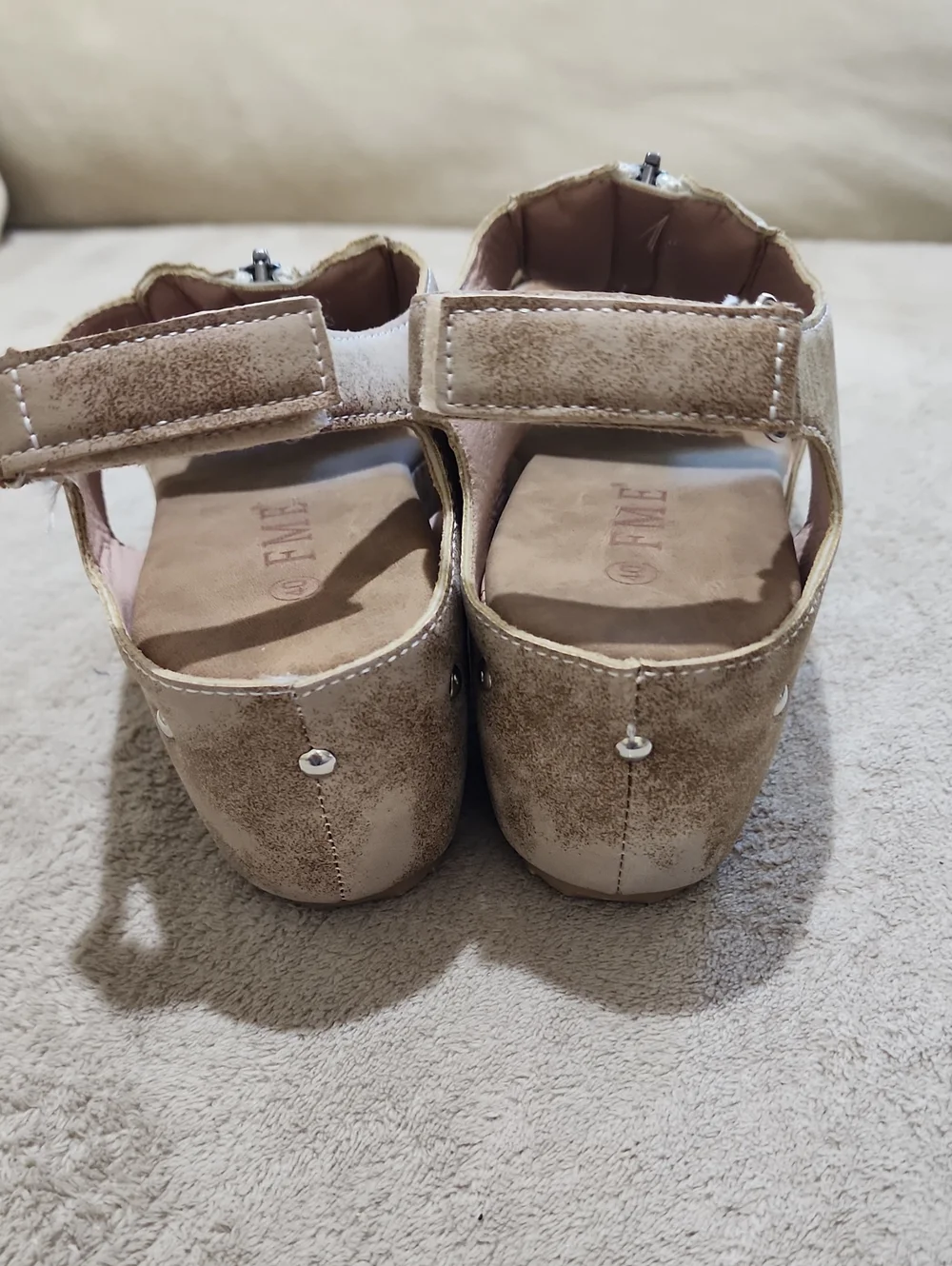 NWT.Taupe Studded Wedge Slide Sandals with Zip Detail - Women